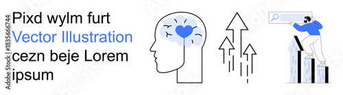 Mental health, self-improvement, personal growth, business analysis, search optimization, success achievement. Head outline with heart, arrows and a person analyzing graphs. Mental health