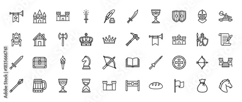 Medieval fantasy line icon set. Vector pictograms of castle, armor, sword, horn, crown, and treasure, thin outline illustration.