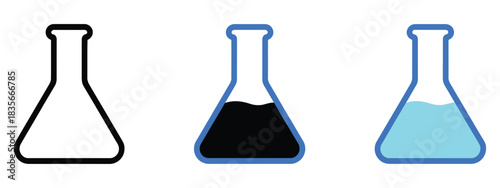 chemical research flask and beaker vector icons, showing laboratory experiment elements, scientific equipment symbols, and clean minimal graphics for educational materials and research-themed designs.