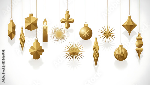 Collection of elegant gold christmas ornaments hanging against a white background
