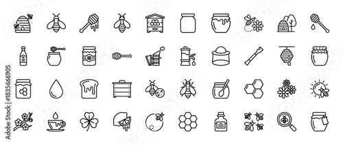 Beekeeping and honey product line icon set. Vector pictograms of beehive, bee, honey jar, dipper, and comb, thin outline illustration.