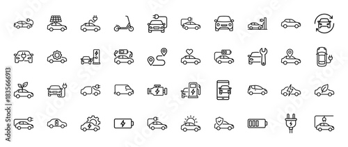 Electric vehicle and charging station line icon set. Vector pictograms of cars, batteries, charging plugs, and solar energy, thin outline illustration.