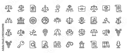 Justice and law line icon set. Vector pictograms of scales, gavel, document, court, and equality, thin outline illustration.