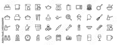 Kitchen appliance line icon set. Vector pictograms of coffee makers, toasters, whisks, and utensils, thin outline illustration.