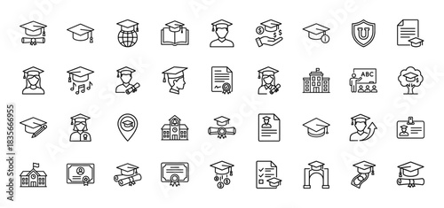 Education line icon set. Vector pictograms of graduation cap, diploma, book, student, and university building, thin outline illustration.