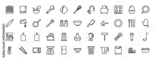 Kitchen appliance and utensil line icon set. Vector pictograms of toaster, mixer, blender, coffee maker, and cutting board, thin outline illustration.