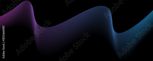 Flowing dots particles wave pattern pink and blue isolated on black, background. Vector in concept of technology, science, music, modern.