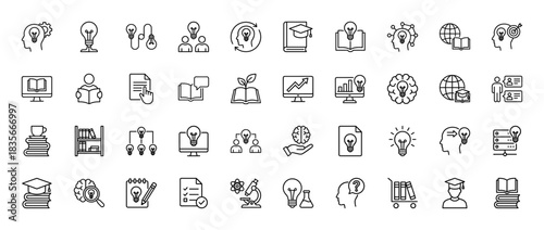 Education and idea icon set. Vector pictograms of brain, lightbulb, book, graduation cap, and computer, thin outline illustration.
