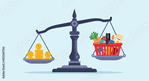 Balanced scale comparing the cost of living, with a stack of gold coins on one side and a basket of groceries on the other.