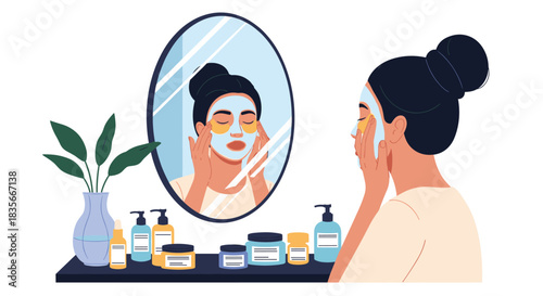 Young woman applying a cosmetic face mask and under-eye patches while looking in a mirror during her daily skincare routine at home.