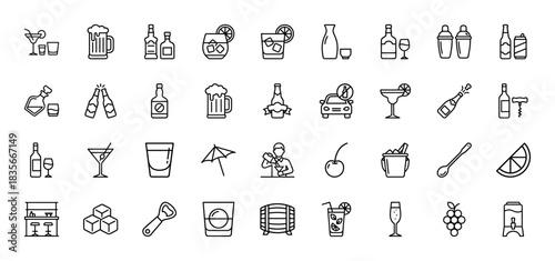 Alcohol line icon set. Vector pictograms of cocktails, beer, wine, bottles, and bar accessories, thin outline illustration.