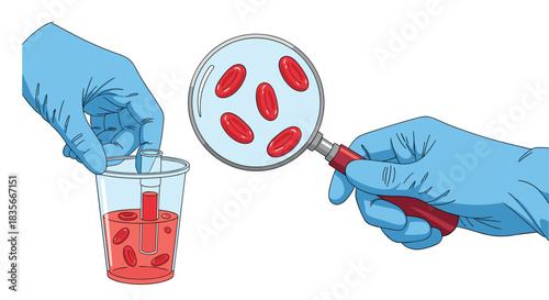 Scientist in blue gloves examining red blood cells with a magnifying glass during a medical laboratory analysis or blood test.