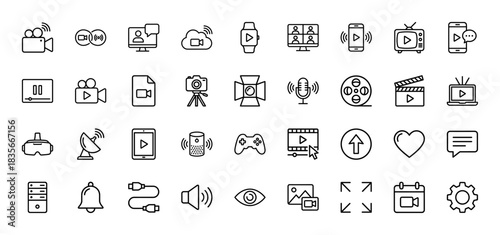 Digital media and entertainment line icon set. Vector pictograms of camera, screen, video, audio, and network elements, thin outline illustration.