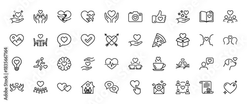 Love and affection line icon set. Vector pictograms of hearts, relationships, dating, wedding, and care, thin outline illustration.