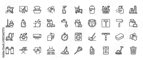 Cleaning and household chores line icon set. Vector pictograms of maid, laundry, vacuum, mop, and iron, thin outline illustration.