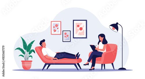 Man talking about his problems with a female psychologist during a psychotherapy session in a comfortable and modern office.