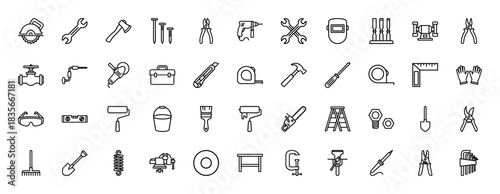 Hardware tools line icon set. Vector pictograms of saw, wrench, hammer, drill, and screwdriver, thin outline illustration.