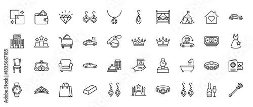 Luxury and wealth line icon set. Vector pictograms of jewelry, hotel, car, money, and fashion, thin outline illustration.