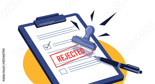 Application form on a clipboard being officially denied with a large red "REJECTED" stamp, indicating failure or refusal.