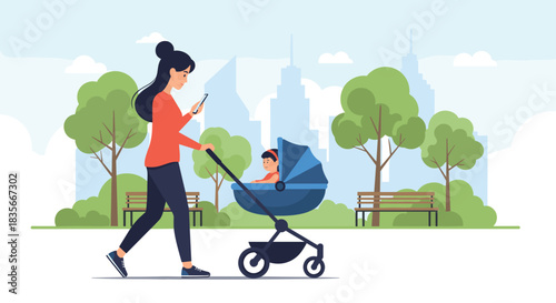 Young mother walking in a city park and pushing her baby in a stroller while using her smartphone for communication or navigation.