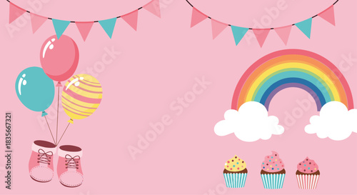 Cute baby girl shower invitation or birthday party background with balloons, a rainbow, cupcakes, and festive bunting on a pink backdrop.