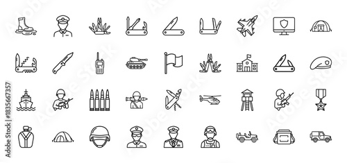 Military and army outline icon set. vector pictograms of soldier, tank, knife, helicopter, tent, boot, and helmet, thin outline illustration.