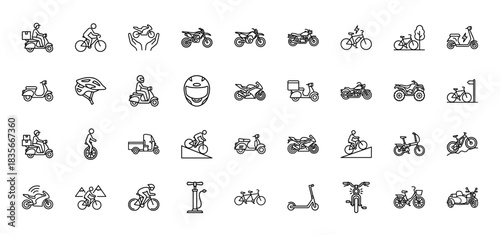 Transportation line icon set. Vector pictograms of bicycle, scooter, motorcycle, delivery bike, and helmet, thin outline illustration.