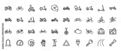 Transportation and accessories line icon set. Vector pictograms of motorcycles, bicycles, scooter, helmet, jacket, engine, and road, thin outline illustration.