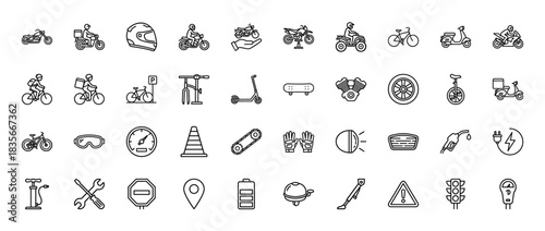 Delivery and transport line icon set. Vector pictograms of bicycle, motorcycle, scooter, helmet, wheels, and tools, thin outline illustration.