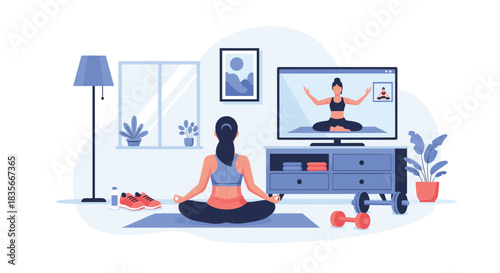 Woman practicing yoga in her living room while following an online fitness class with a virtual instructor on her television.