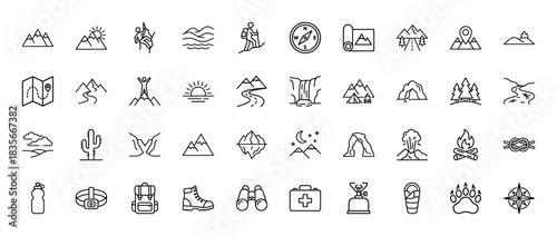 Outdoor adventure line icon set. Vector pictograms of mountains, compass, map, backpack, and camping gear, thin outline illustration.