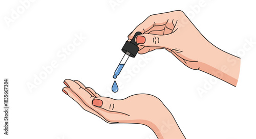 Woman's hands applying a drop of cosmetic facial serum or essential oil from a glass dropper for a daily skincare routine.