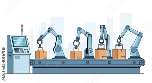Automated factory assembly line with advanced robotic arms efficiently packing cardboard boxes on a conveyor belt for distribution.