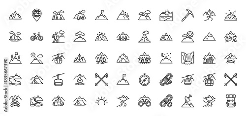 Outdoor hiking and mountain line icon set. Vector pictograms of camping, climbing, trekking, and exploration gear, thin outline illustration.
