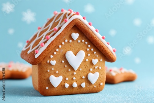 Gingerbread house celebrating holidays with charming icing heart decoration