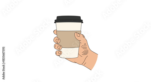 Simple line drawing of a hand holding a takeaway paper coffee cup with a black lid and a protective cardboard sleeve.