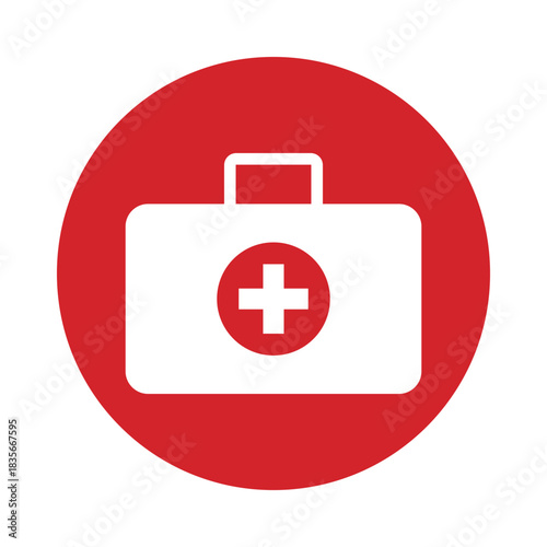 First aid medical kit circle icon red button on white background. Healthcare medical case or bag for web. Line and solid symbol.