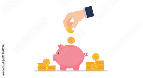 Hand dropping a gold coin into a pink piggy bank, surrounded by stacks of money, symbolizing saving, investment, and finance.