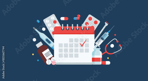 Medical treatment schedule concept with a calendar, pills, stethoscope, and other medical supplies for health management.