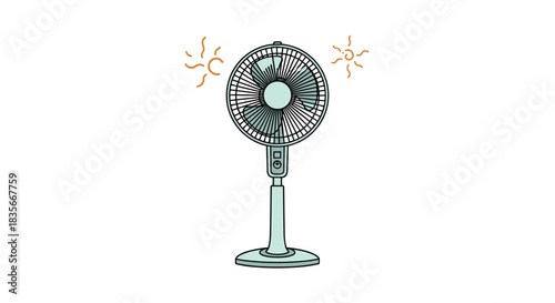 Oscillating electric pedestal fan running to circulate air and provide a cool breeze during hot weather, isolated illustration.