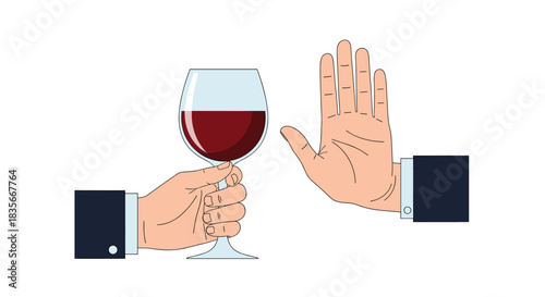 Person's hand refusing a glass of red wine offered by another person, representing sobriety, quitting alcohol, or saying no.