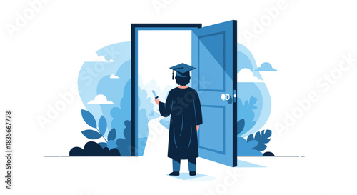 Graduate in a cap and gown holding a diploma and walking toward an open door, symbolizing future opportunities and success.