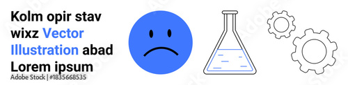 Emotional expression, scientific research, technology focus, problem-solving, creativity, innovation. Blue sad face, test tube two gears. Emotional expression and scientific research related visuals