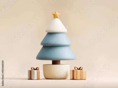 Minimal Christmas tree with soft blue ornaments and festive gift boxes in warm holiday tones