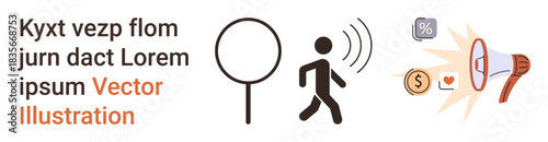 Advertising, marketing, business promotion, digital media, audience outreach, communication. Magnifier, walking person soundwaves and megaphone. Marketing and communication concept