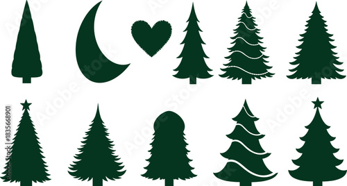 Collection of green Christmas tree silhouettes with crescent moon and heart shapes, festive holiday illustration set for seasonal decoration, winter design vector