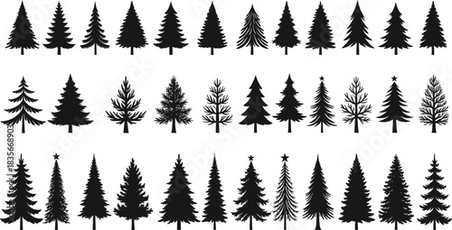 Collection of detailed Christmas tree silhouettes in various shapes and styles, festive evergreen icons for winter decoration, holiday design elements vector