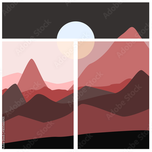 a red hue of mountains placed in three frames