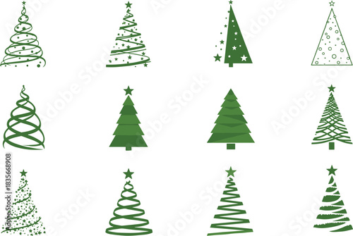 Collection of green stylized Christmas trees with spirals, stars, ornaments and geometric shapes, festive holiday vector illustrations for winter decoration and seasonal design