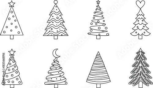 Collection of outlined decorative Christmas trees with ornaments, stars, hearts and patterns, festive holiday line art for seasonal winter design and illustrations